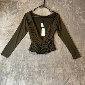 Express Body Contour Surplice V-Neck Ruched Shirt Size Medium Olive‎ Green New